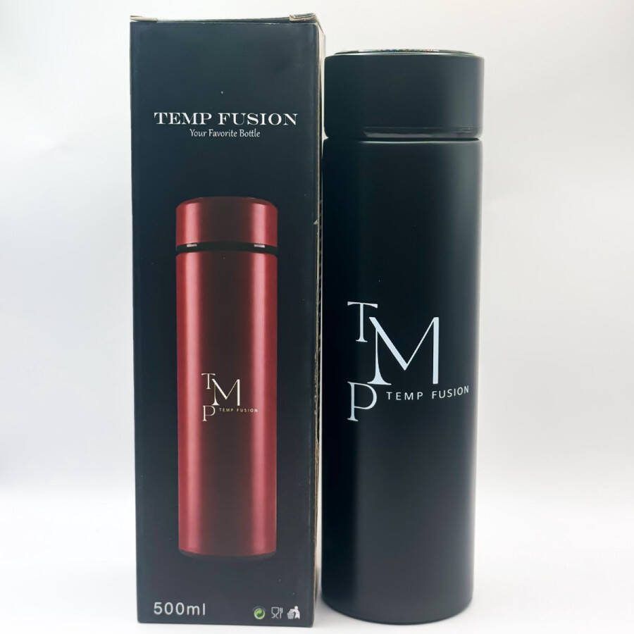 TempFusion Zwarte Slimme Thermosfles met LCD temperatuur Display Curver Isolatiefles 0 5 Liter Dubbelwandige Thermosfles Thermosbeker Isoleerfles Thermoskan Travel Mug bidon drinkfles Koffiebeker Drinkflessen RVS Smart Thermos