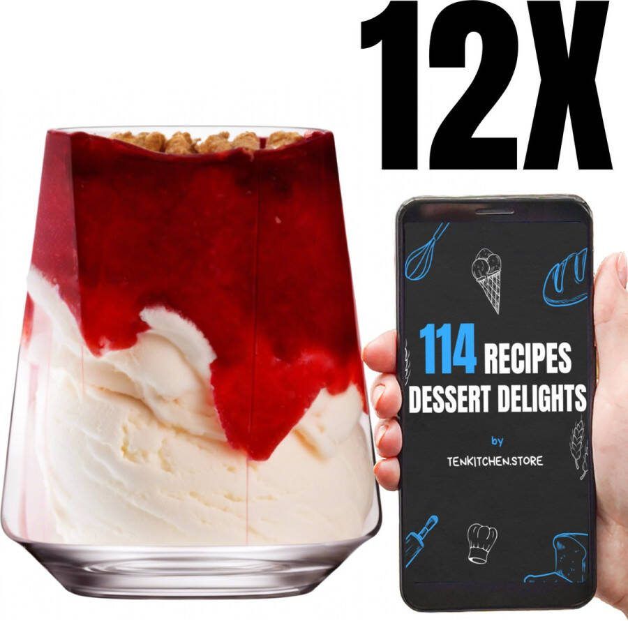 Ten Elite IJsglazen Kristalglas 510 ml 12 Stuks + 114 DESSERTRECEP Dessertbekers IJs Glazen IJscoupes IJsglas Sorbetglazen Milkshake