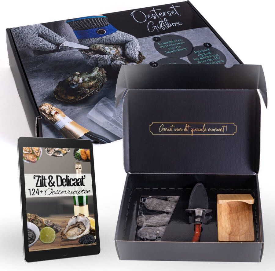 Ten Geschenkset Oestermes Bruin met RVS Oesterhandschoen Maat L + Oesterplaatje + eBook Kookboek Oesterset met Meshouder Oestermes met Handschoen Cadeauverpakking Giftbox Kado