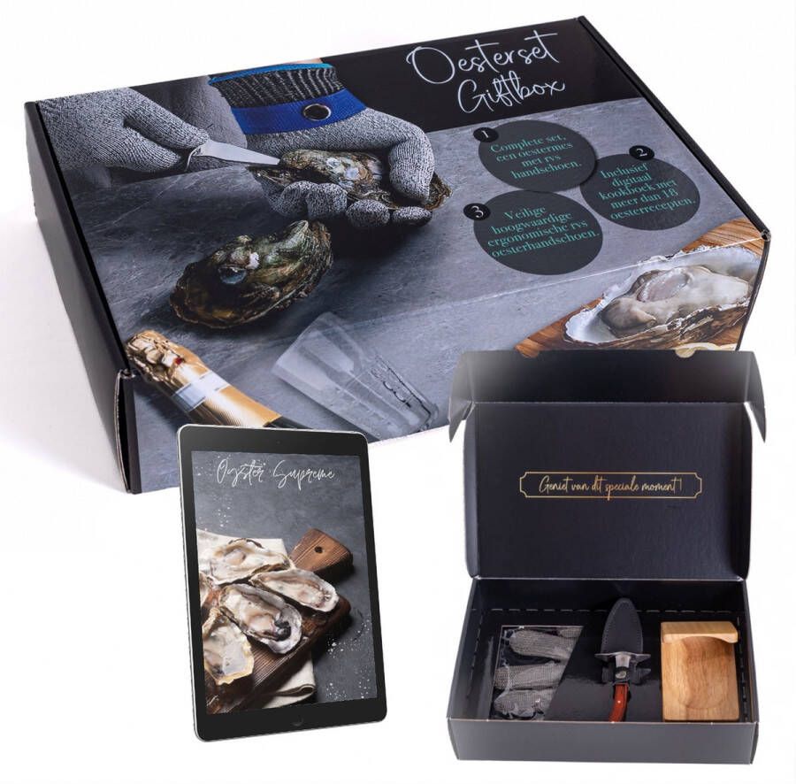 Ten Geschenkset Oestermes Bruin met RVS Oesterhandschoen Maat M + Oesterplaatje + eBook Kookboek Oesterset met Meshouder Oestermes en Handschoen Cadeauverpakking Giftbox Zakelijk
