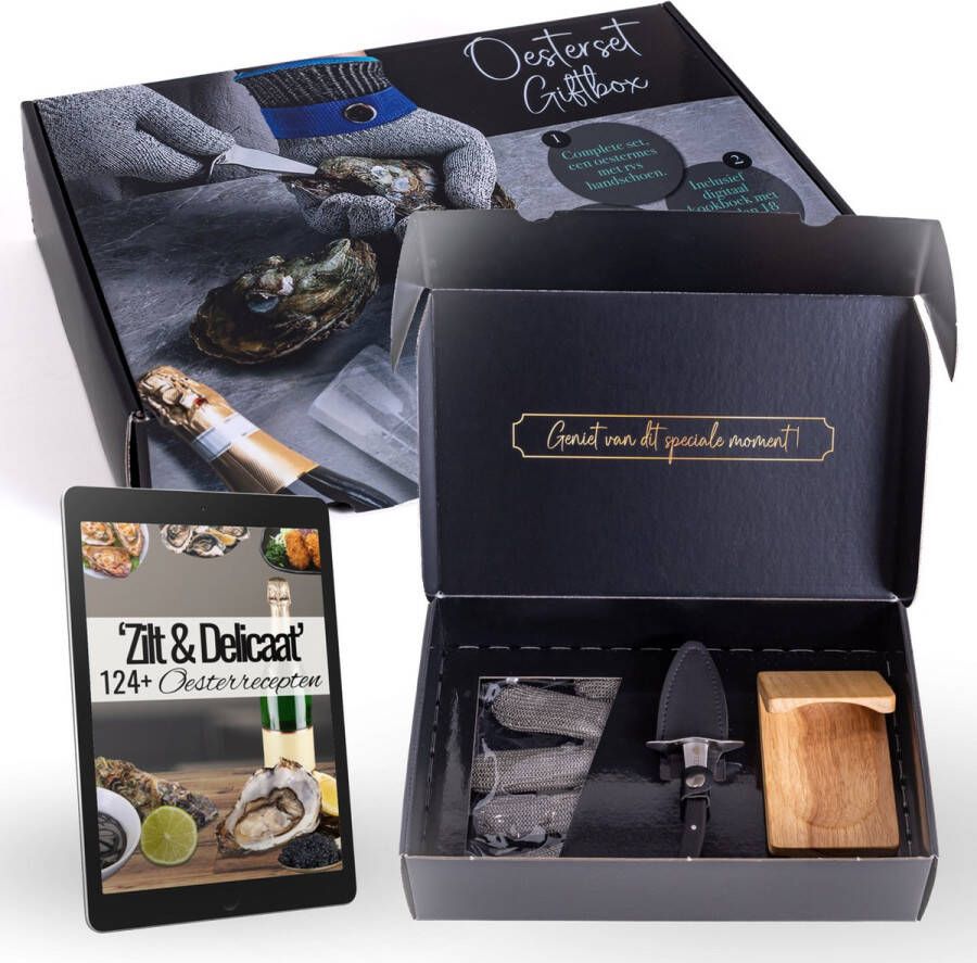 Ten Geschenkset Oestermes Zwart met RVS Oesterhandschoen Maat M + Oesterplaatje + eBook Kookboek Oesterset met Lederen houder Oestermes en Handschoen Cadeauverpakking Giftbox Kado