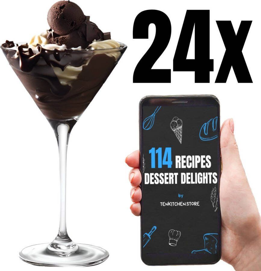 Ten IJsglazen Kristalglas 240ml + 114 DESSERTRECEP 24 Stuks Dessertglazen Sorbetglas IJscoupes Glas IJsglas Sorbet Glazen