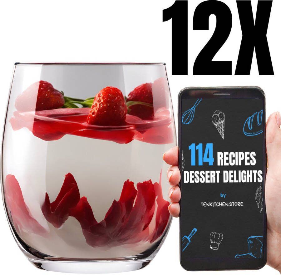 Ten Luxe IJsglazen Kristalglas 390ml 12 Stuks + 114 DESSERTRECEP Dessertbekers IJs Glazen IJscoupes IJsglas Sorbetglazen Milkshake