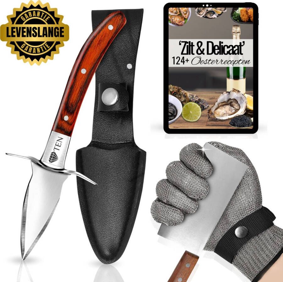 Ten Master Collection Deal Oestermes & RVS Handschoen Maat L Bruin
