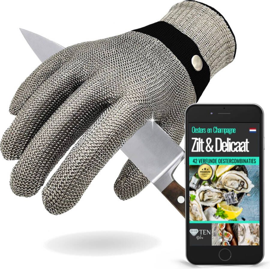 Ten Signature Oesterhandschoen RVS Maat M met Binnenhandschoen + 102 OESTERRECEP eBook & Giftcard Vlees Handschoen Medium Snijvaste handschoenen Oesterset Zwart