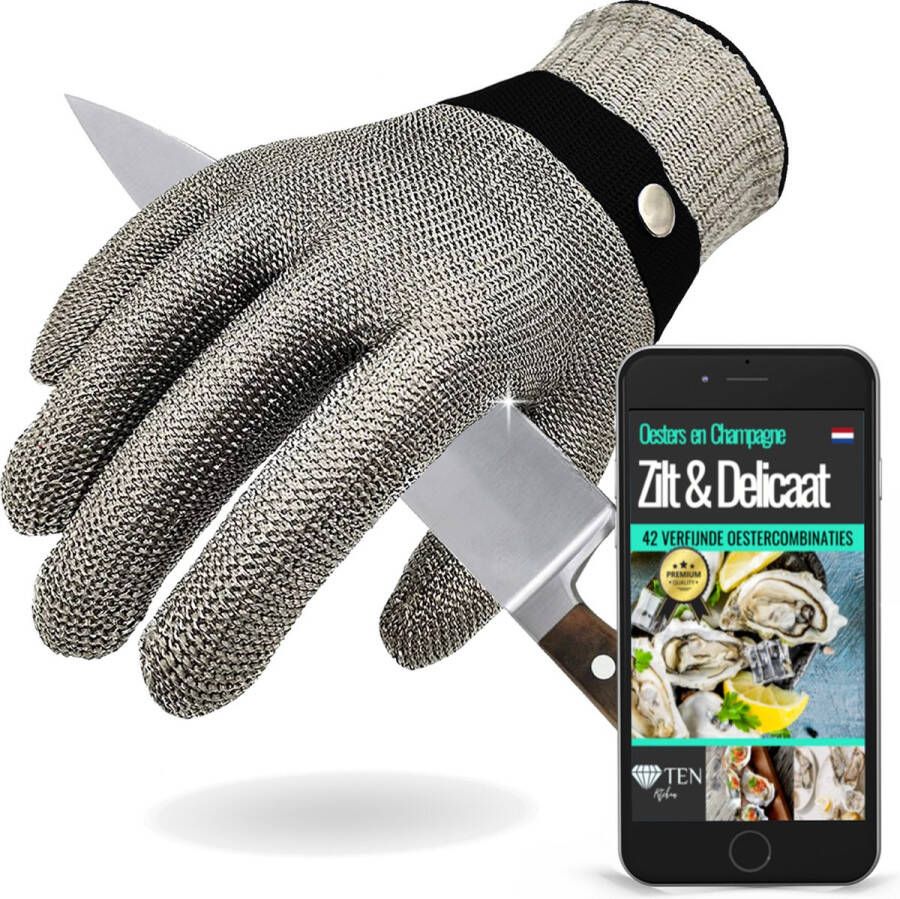 Ten Oesterhandschoen RVS Maat S met Binnenhandschoen + 41 Oesterrecep eBook & Giftcard Keukenhandschoen Small Snijvaste handschoenen Zwart