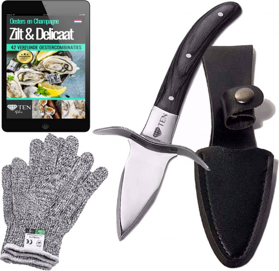 Ten Signature Oestermes + Oesterhandschoenen LEVENSLANGE GARANTIE + 124 Oesterrecep eBook Kookboek Oyster Knife Oestermes Set Zwart