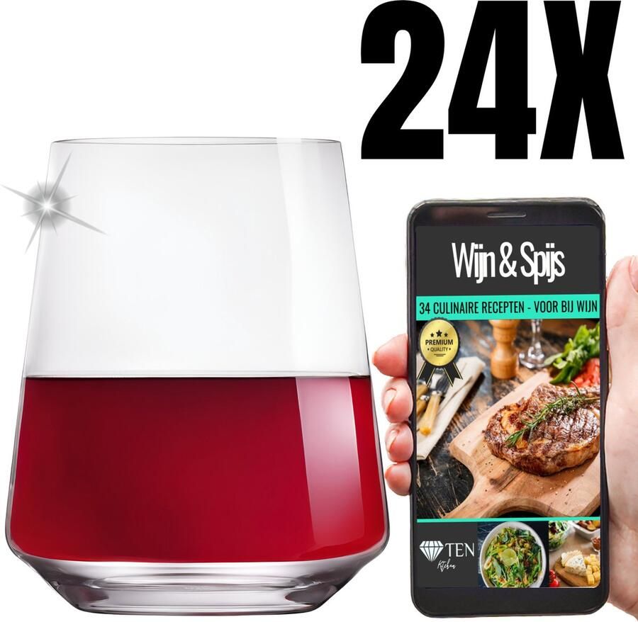 Ten Elite Wijnglas zonder Voet 510ml 24 stuks + 34 Culinaire Recep Wijnglas zonder Steel Kristalglas Kleine Wijnglazen Tumblerglas