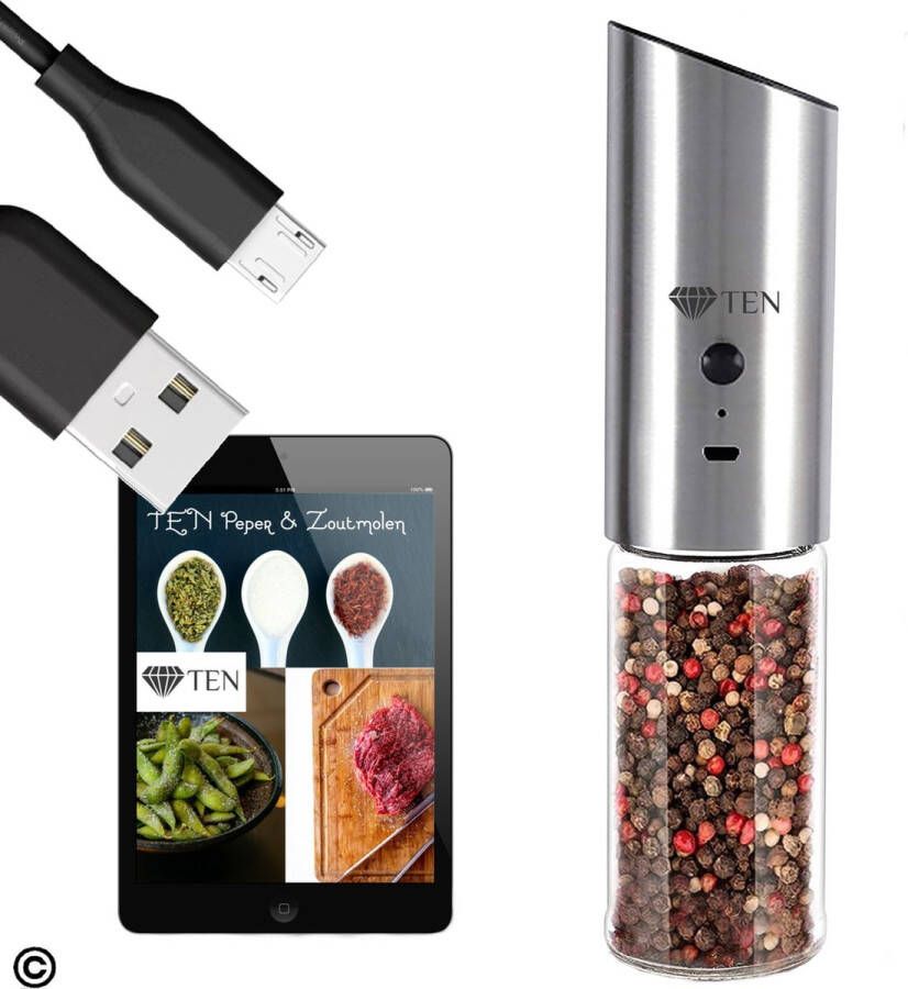 Ten USB 2-in-1 Peper & Zoutmolen 1x Inclusief USB kabel Oplaadbaar Pepermolen Peper en Zoutmolen Elektrisch BBQ – Zilver