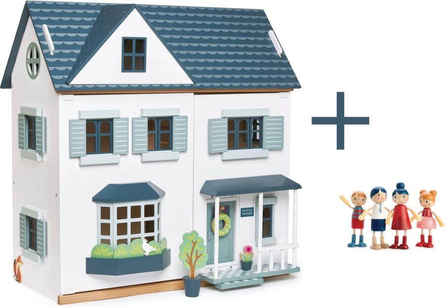 Tender Leaf Toys [A] Tender Leaf uniek houten poppenhuis Dovetail XL in neutrale kleuren inclusief houten poppen familie 4 stuks 68 x 70 cm Fairtrade