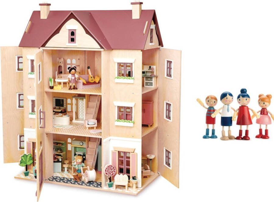 Tender Leaf Toys [A] Tender Leaf uniek houten poppenhuis Hall Fantail XXL 3 verdiepingen inclusief houten poppen familie 40 x 72 x 90 cm