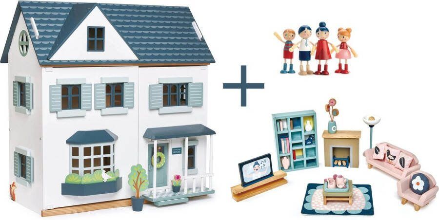 Tender Leaf Toys [B] Tender Leaf uniek houten poppenhuis Dovetail XL in neutrale kleuren inclusief houten poppen familie plus woonkamer houten meubeltjes 8 stuks 68 x 70 cm