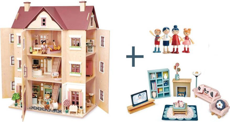 Tender Leaf Toys [B] Tender Leaf uniek houten poppenhuis Hall Fantail XXL 3 verdiepingen inclusief houten poppen familie en woonkamer meubels- 40 x 72 x 90 cm