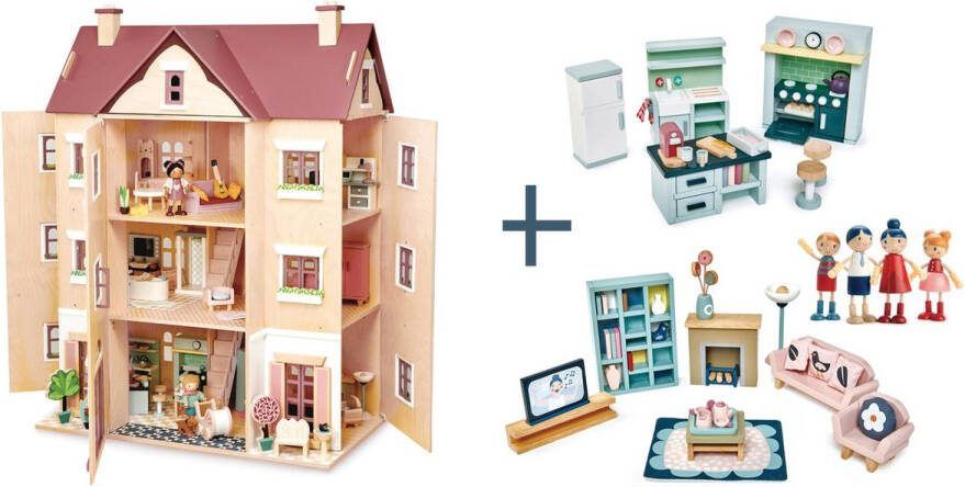 Tender Leaf Toys [C] Tender Leaf uniek houten poppenhuis Hall Fantail XXL 3 verdiepingen inclusief houten poppen familie woonkamer en keuken meubels 40 x 72 x 90 cm