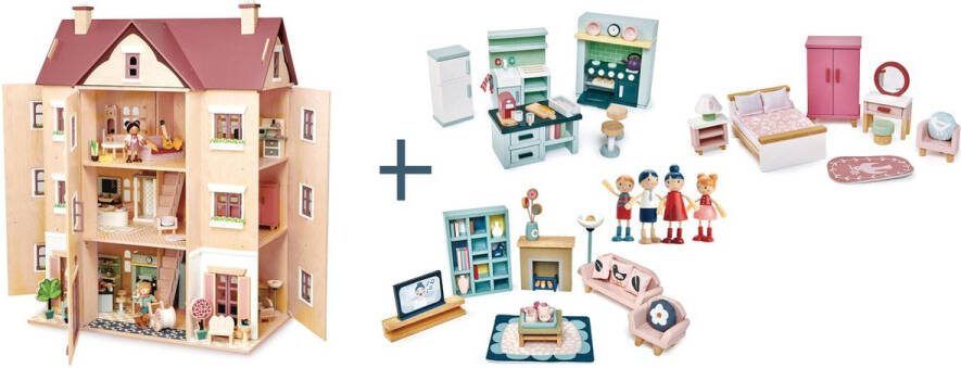 Tender Leaf Toys [D] Tender Leaf uniek houten poppenhuis Hall Fantail XXL 3 verdiepingen inclusief houten poppen familie woonkamer en keuken slaapkamer meubels 40 x 72 x 90 cm