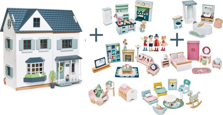 Tender Leaf Toys [G] Tender Leaf uniek houten poppenhuis Dovetail XL in neutrale kleuren inclusief houten poppen familie woonkamer meubeltjes keuken meubels slaap en badkamer meubels kinderkamer meubels en baby kamer- 68 x 70 cm