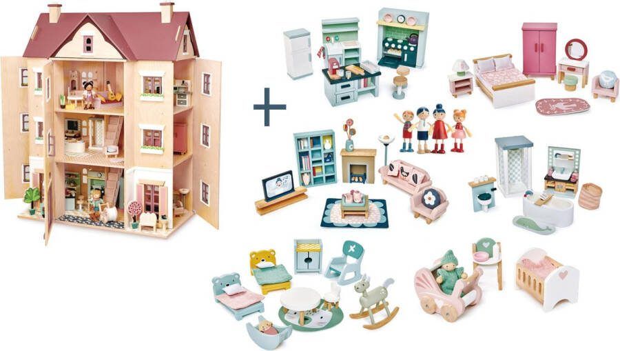 Tender Leaf Toys [G] Tender Leaf uniek houten poppenhuis Hall Fantail XXL 3 verdiepingen inclusief houten poppen familie woonkamer en keuken slaapkamer badkamer kinderkamer en babykamer meubels plus babypop 40 x 72 x 90 cm