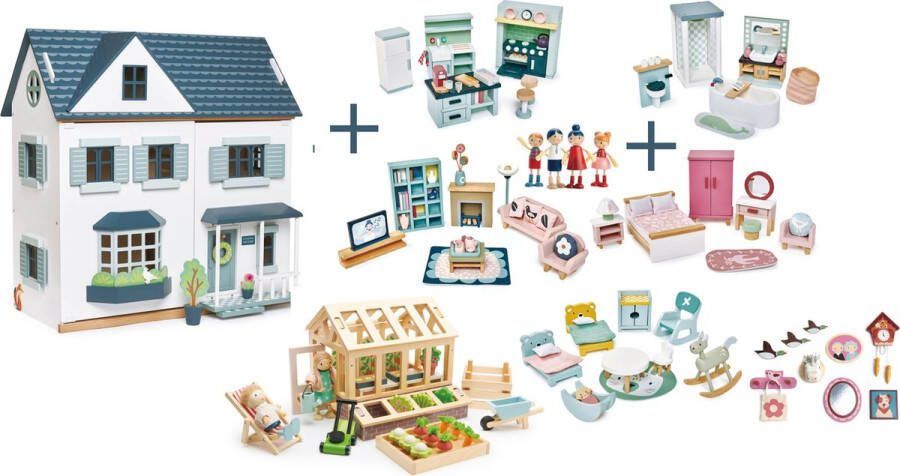 Tender Leaf Toys [H] Tender Leaf uniek houten poppenhuis Dovetail XL in neutrale kleuren inclusief houten poppen familie woon en slaapkamer meubeltjes keuken meubels badkamer meubels kinderen baby kamer meubels tuin serre en extra muur accessoires- 68 x 70 cm