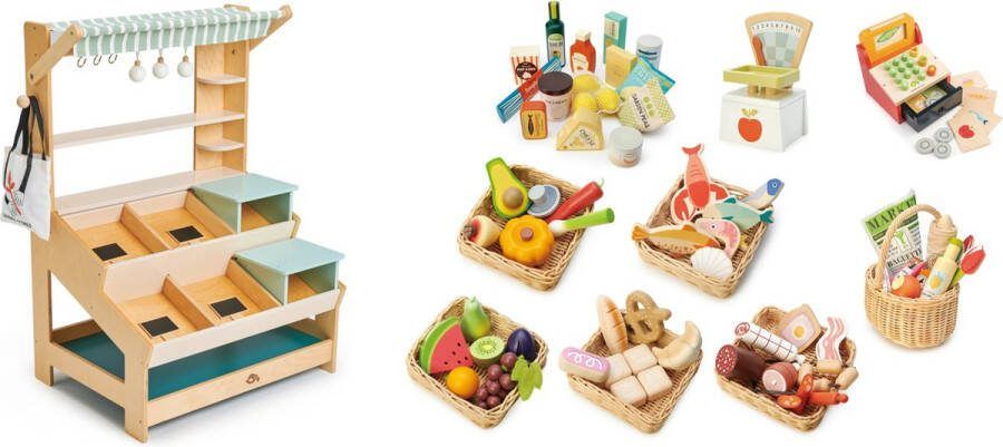 Tender Leaf Toys Tender Leaf houten marktkraam inclusief groente fruit vlees en vis en weegschaal kassa en winkelmandje zeer complete speelset XXL 57 x 83 cm