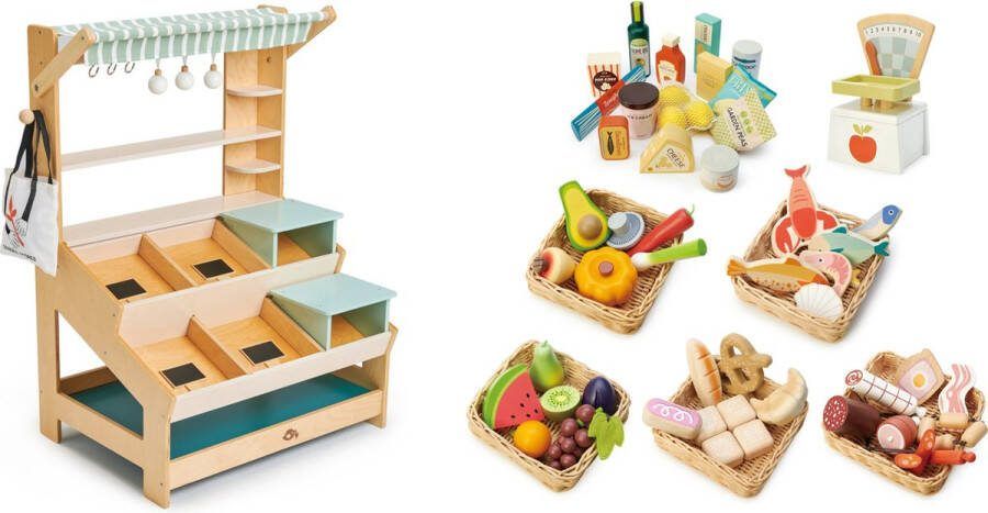 Tender Leaf Toys Tender Leaf houten marktkraam inclusief groente fruit vlees en vis en weegschaal zeer complete speelset 57 x 83 cm