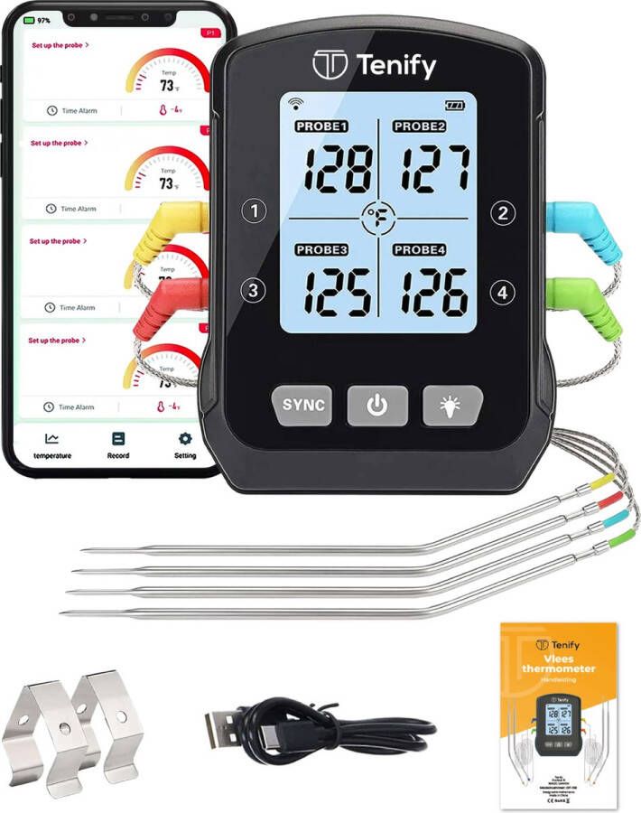 Tenify Vleesthermometer Draadloos met Mobiele App -BBQ Thermometer Bluetooth Digitaal Keukenthermometer Oventhermometer – Voedselthermometer (4 meetsondes)