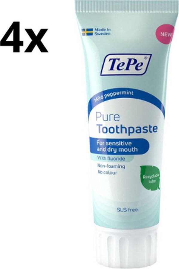 Tepe Pure Tandpasta Mild Peppermint 4 x 75 ml Voordeelverpakking