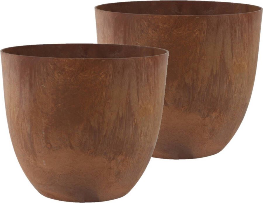 Ter Steege 2x stuks bloempot plantenpot gerecycled kunststof steenpoeder Terra bruin dia 38 cm en hoogte 33 cm voor binnen buiten