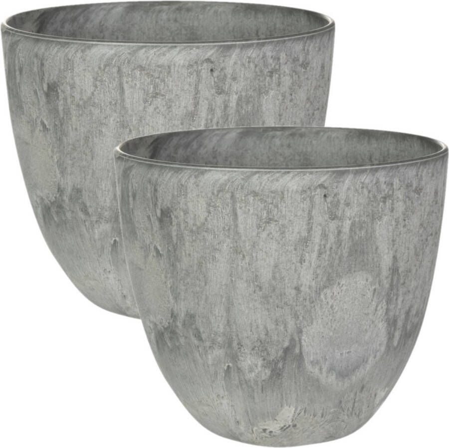 Ter Steege 2x stuks plantenpot bloempot in een natuursteen look Dia 17 cm en Hoogte 15 cm in het Artstone grijs voor binnen buiten
