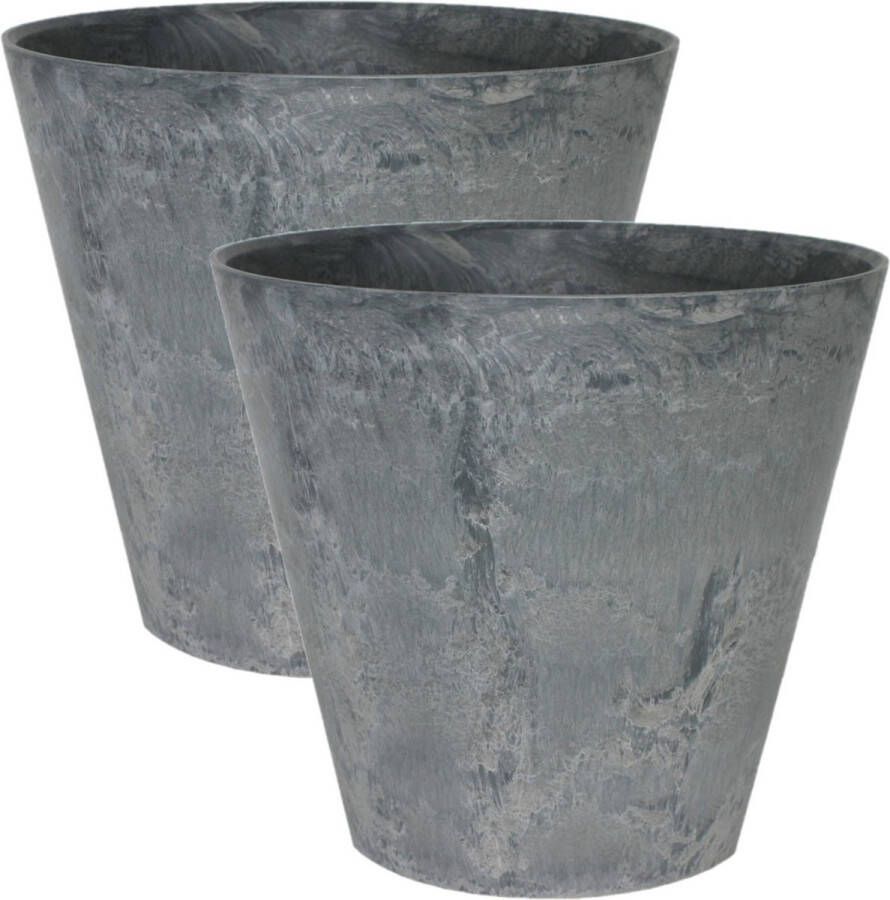Ter Steege 2x stuks plantenpot bloempot tijdloze natuursteen look Dia 17 cm en Hoogte 15 cm in het Artstone zwart voor binnen buiten