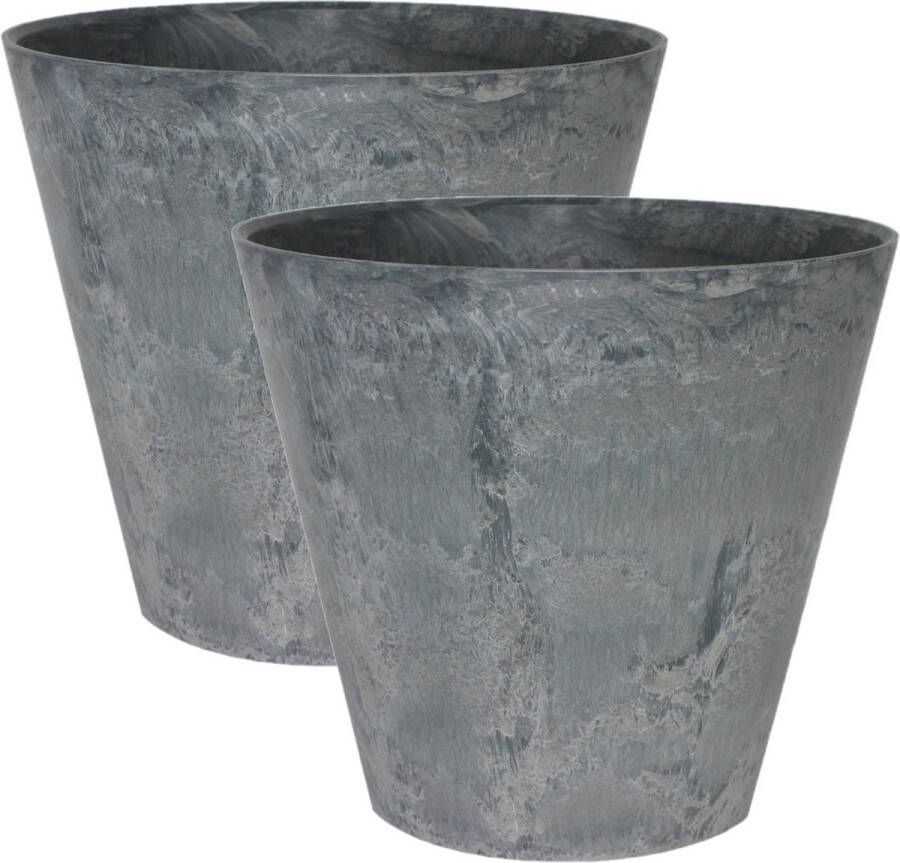 Ter Steege 2x stuks plantenpot bloempot tijdloze natuursteen look Dia 32 cm en Hoogte 29 cm in het Artstone zwart voor binnen buiten