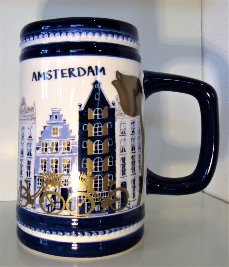 Ter Steege Beker Bier pul Delfts Blauw Amsterdam Grachtenpand Souvenir