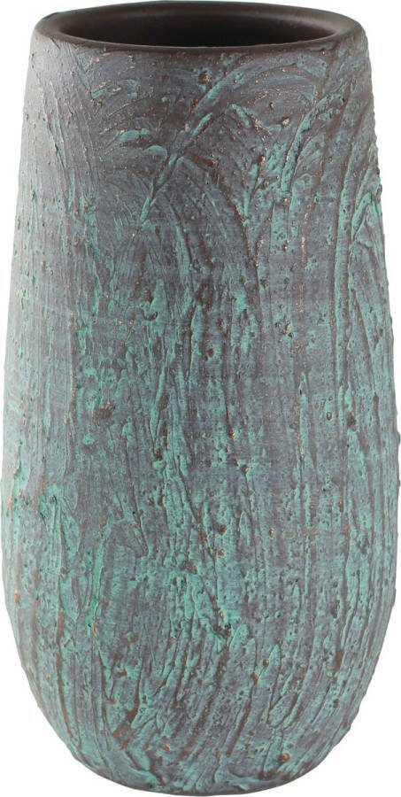 Ter Steege Hoge bloempot plantenpot vaas van keramiek in de kleur antiek brons groen met diameter 17 cm en hoogte 37 cm