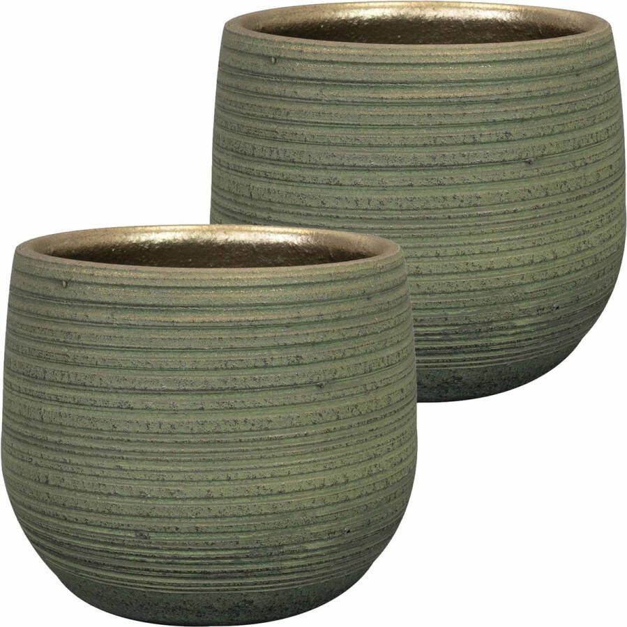 Ter Steege Plantenpot bloempot 2x keramiek donkergroen stripes relief D18 H16 cm