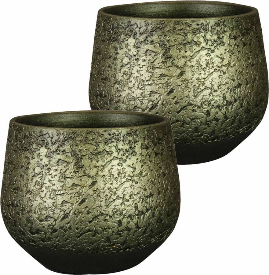 Ter Steege Plantenpot bloempot 2x keramiek metallic donkergroen touch of gold D16 H13 cm