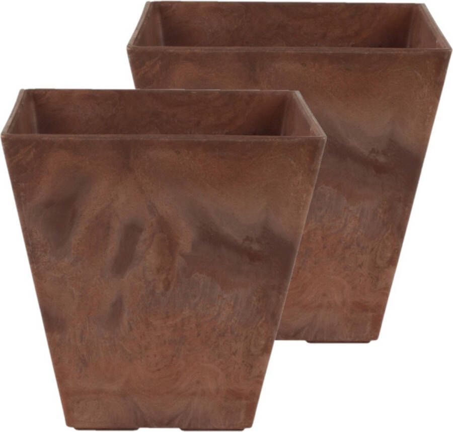 Ter Steege Set van 2x stuks bloempot plantenpot gerecycled kunststof steenpoeder terra bruin dia 20 cm en H20 cm Binnen en buiten gebruik