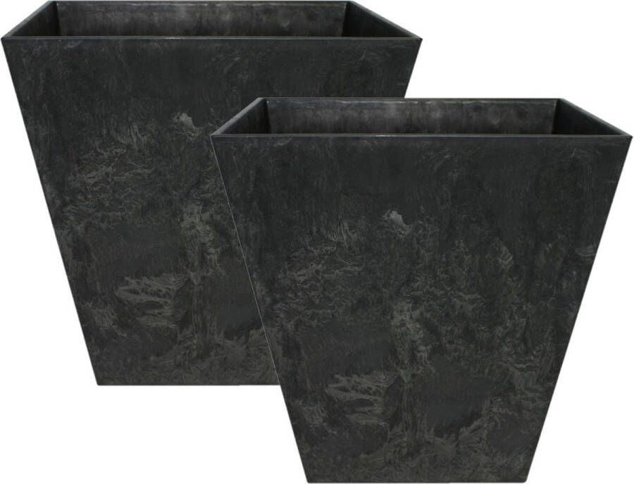 Ter Steege Set van 2x stuks bloempot plantenpot gerecycled kunststof steenpoeder zwart dia 15 cm en hoogte 15 cm Binnen en buiten gebruik