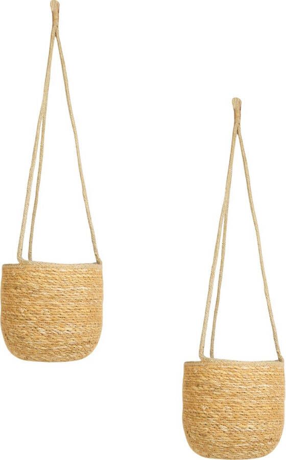 Ter Steege Set van 2x stuks hangende plantenpot bloempot van jute zeegras dia 19 cm en hoogte 17 cm creme beige Met binnenkant van plastic