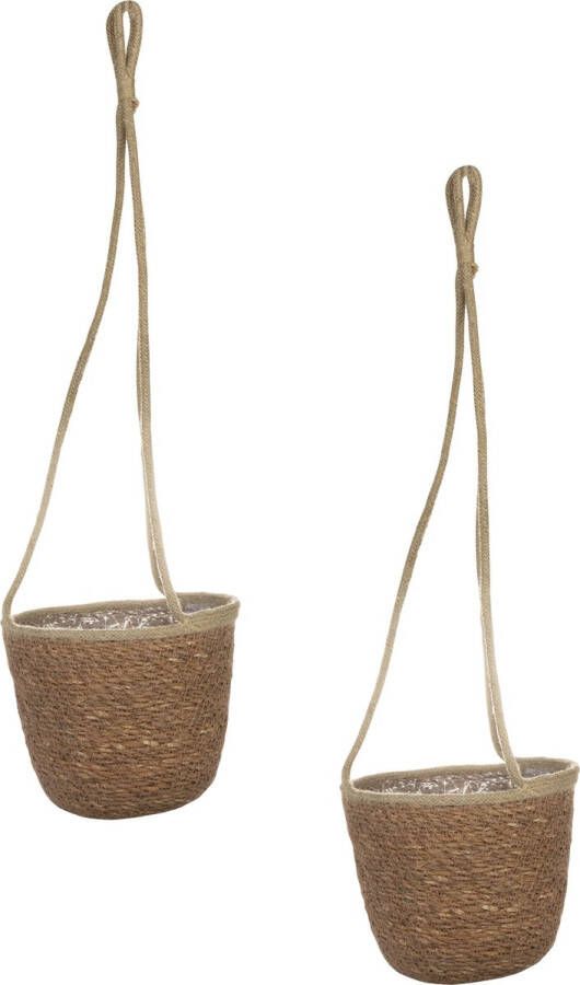 Ter Steege Set van 2x stuks hangende plantenpot bloempot van jute zeegras dia 19 cm en hoogte 17 cm camel bruin Met binnenkant van plastic