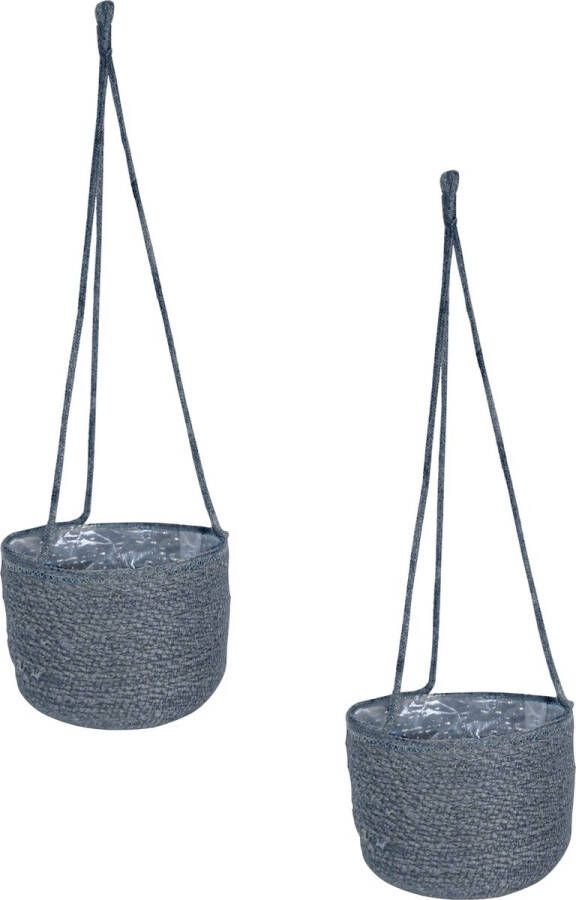 Ter Steege Set van 2x stuks hangende plantenpot bloempot van jute zeegras diameter 19 cm en hoogte 17 cm grijs Met binnenkant van plastic