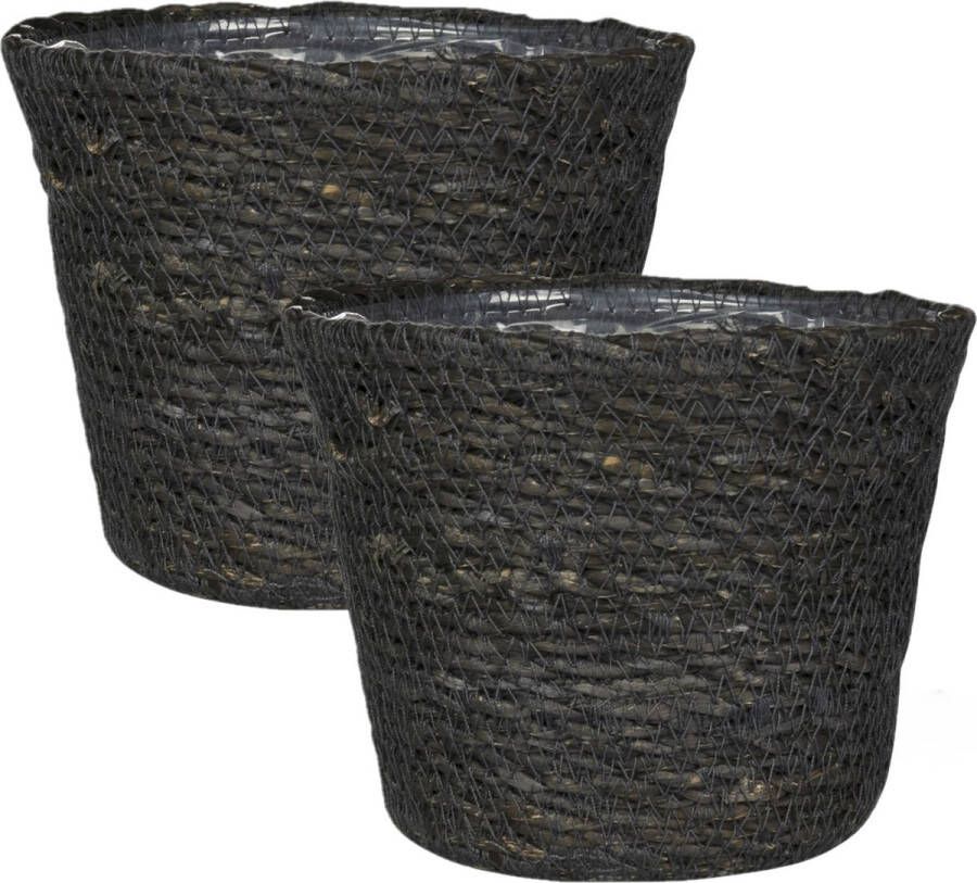 Ter Steege Set van 2x stuks plantenpot bloempot van jute zeegras diameter 13 cm en hoogte 10 cm grijs Met binnenkant van plastic