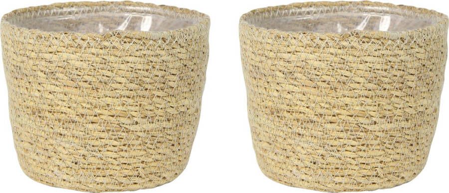 Ter Steege Set van 2x stuks plantenpot bloempot van jute zeegras diameter 15 cm en hoogte 12 cm creme beige Met binnenkant van plastic