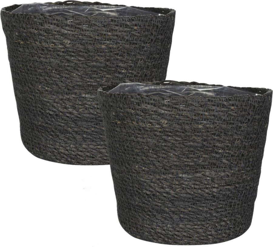 Ter Steege Set van 2x stuks plantenpot bloempot van jute zeegras diameter 15 cm en hoogte 12 cm grijs Met binnenkant van plastic