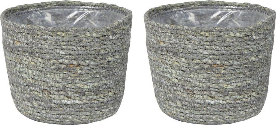 Ter Steege Set van 2x stuks plantenpot bloempot van jute zeegras diameter 15 cm en hoogte 12 cm ijsblauw grijs Met binnenkant van plastic