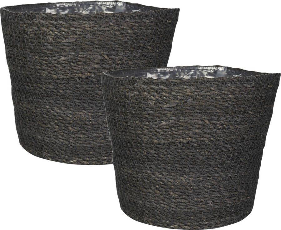 Ter Steege Set van 2x stuks plantenpot bloempot van jute zeegras diameter 18 cm en hoogte 16 cm grijs Met binnenkant van plastic