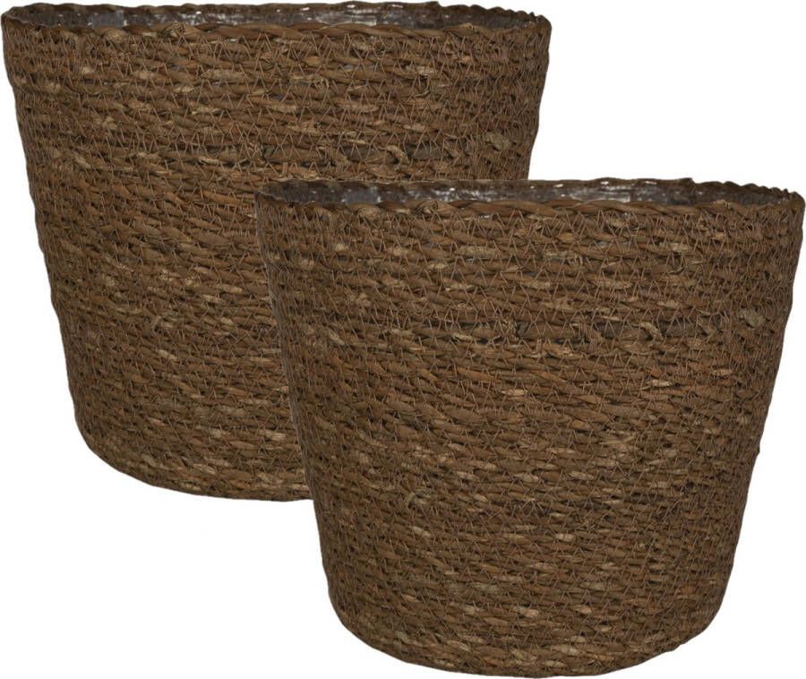 Ter Steege Set van 2x stuks plantenpot bloempot van jute zeegras diameter 22 cm en hoogte 19 cm camel bruin Met binnenkant van plastic