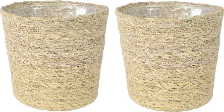 Ter Steege Set van 2x stuks plantenpot bloempot van jute zeegras diameter 22 cm en hoogte 19 cm creme beige Met binnenkant van plastic