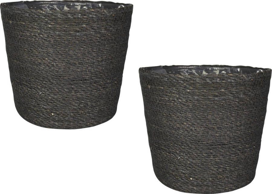 Ter Steege Set van 2x stuks plantenpot bloempot van jute zeegras diameter 22 cm en hoogte 19 cm grijs Met binnenkant van plastic