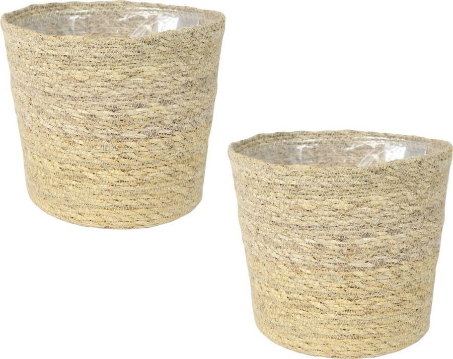 Ter Steege Set van 2x stuks plantenpot bloempot van jute zeegras diameter 26 cm en hoogte 23 cm creme beige Met binnenkant van plastic