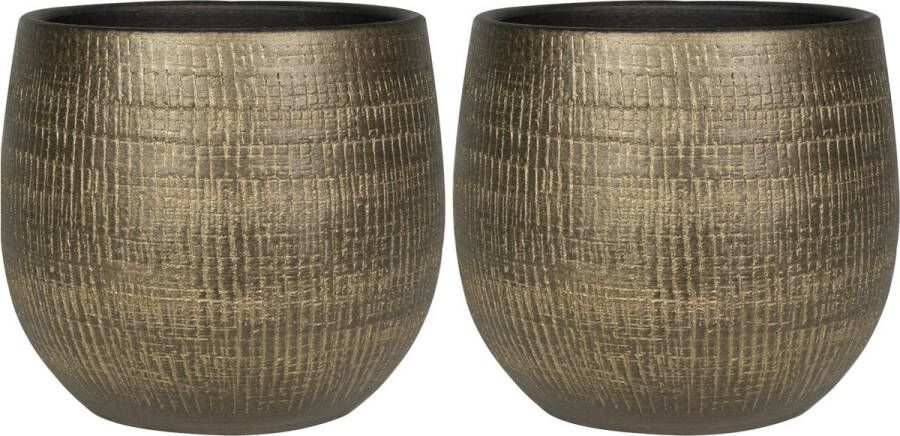 Ter Steege Set van 2x stuks plantenpotten bloempotten in een strakke Modern design look metal goud Dia 26 cm en Hoogte 25.5 cm