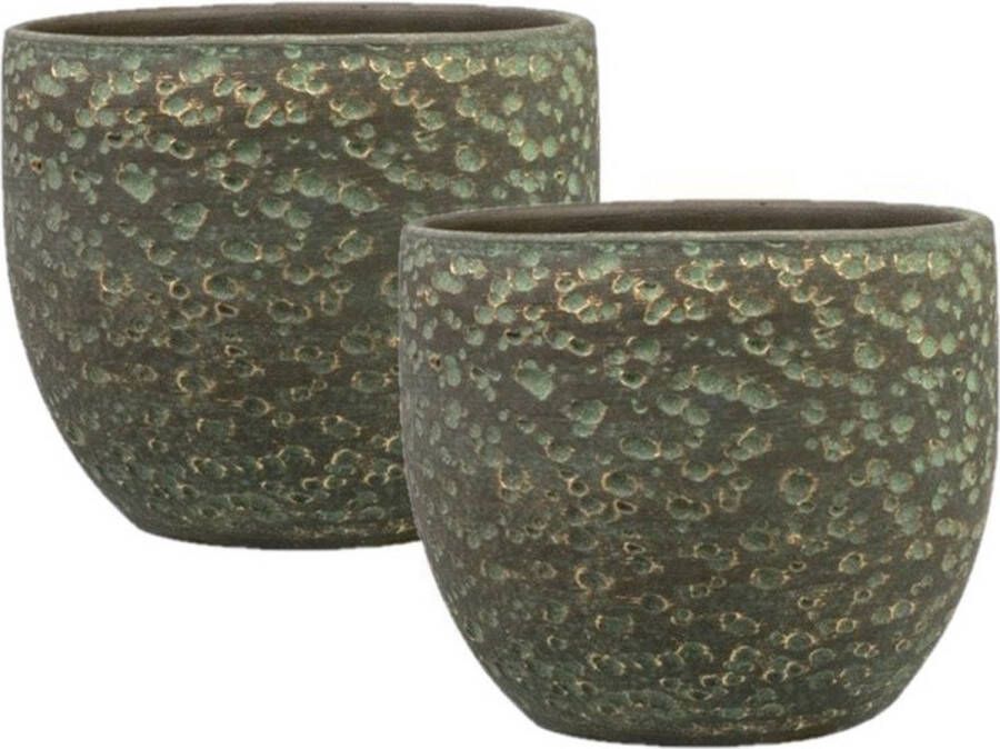 Ter Steege Set van 2x stuks plantenpotten bloempotten in het lava-look shiny groen Dia 15 cm en Hoogte 13 cm Voor binnen